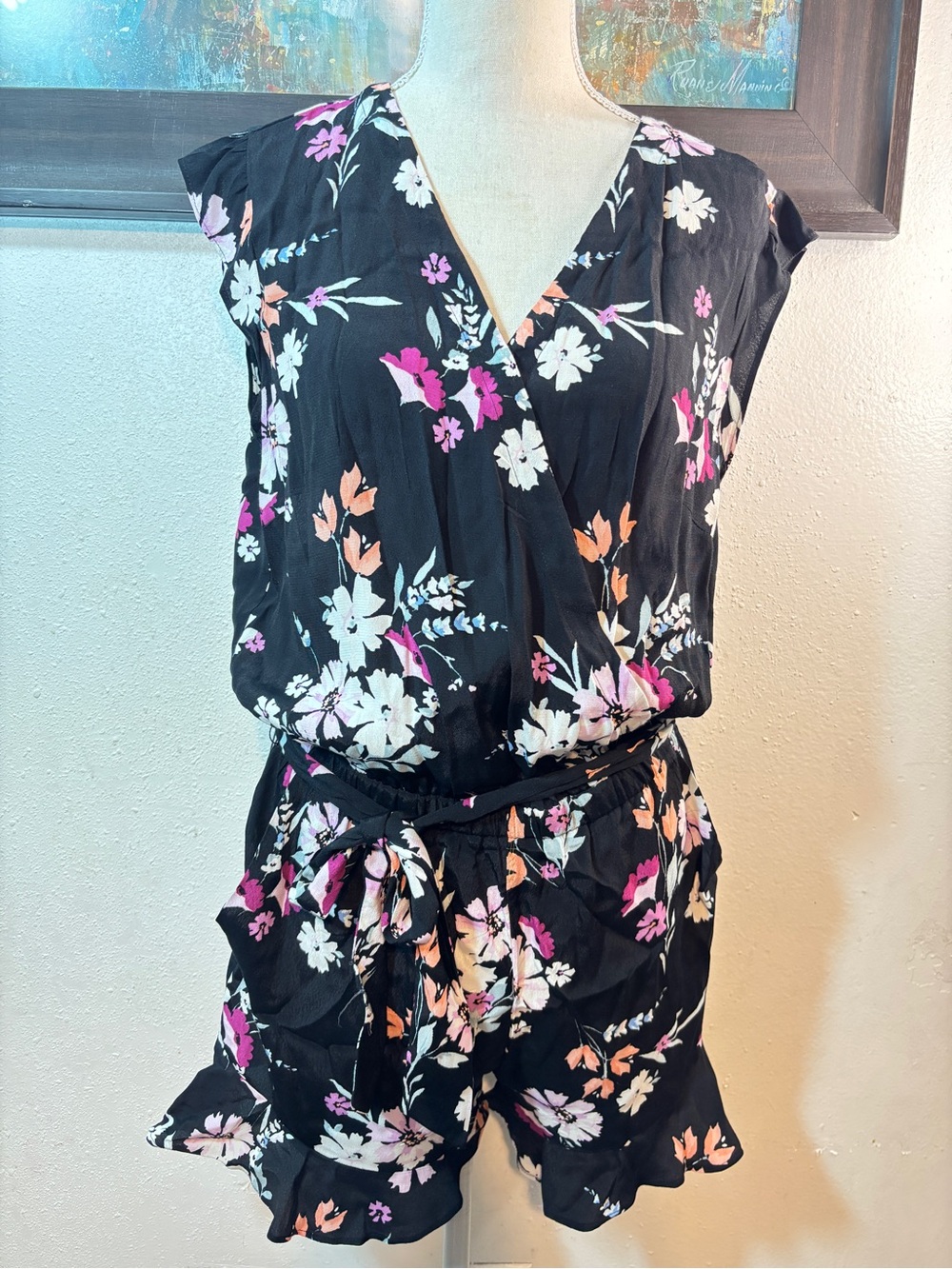 LOFT Black Floral V-Neck Tie-Waist Romper - Picture 7 of 9